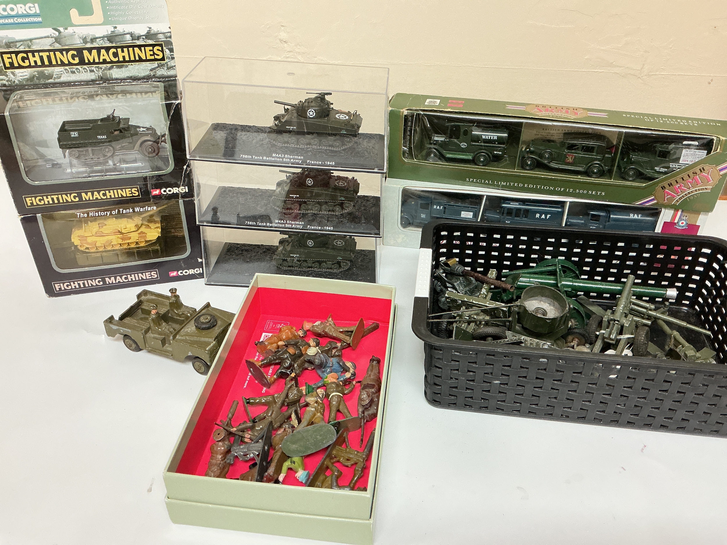 A Collection Of Boxed Corgi And Other Military Vehicles, plus Playworn Britains Artillery And Lead Soldiers. No Reserve.