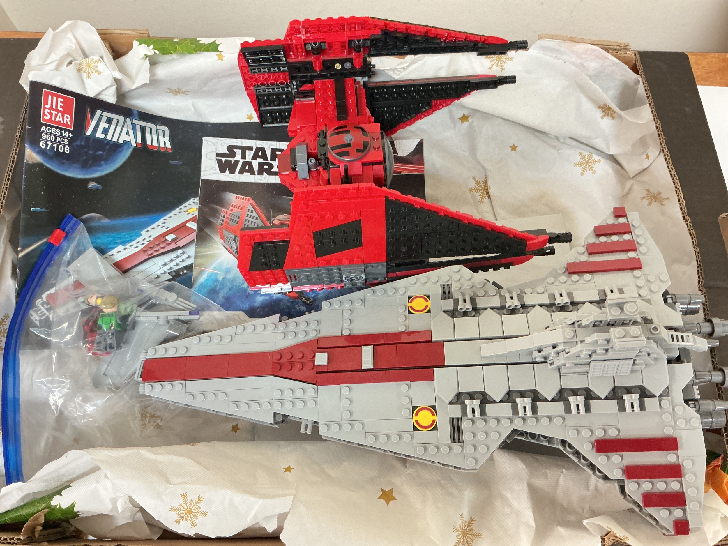 A Star Wars LEGO Style Venator And Tie Fighter. With Instructions And Figures.