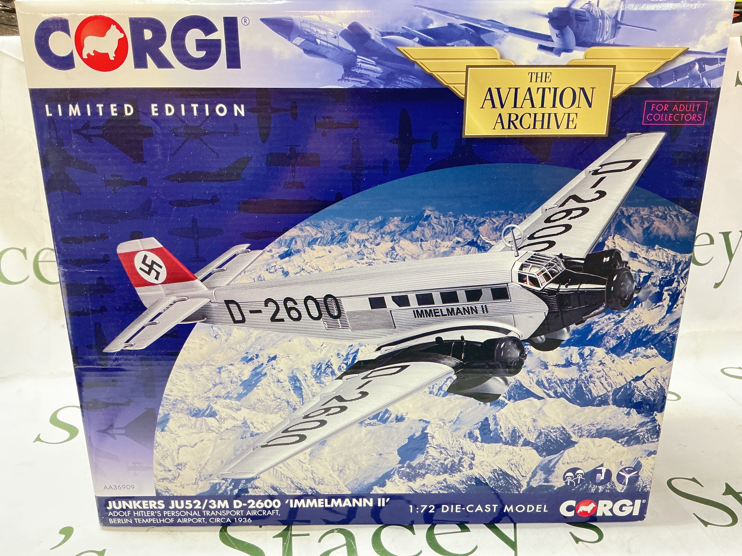 A Boxed Corgi Aviation Archive Junkers JU52/3M D-2600 Immelmann II #AA36909. 1/72 Scale.