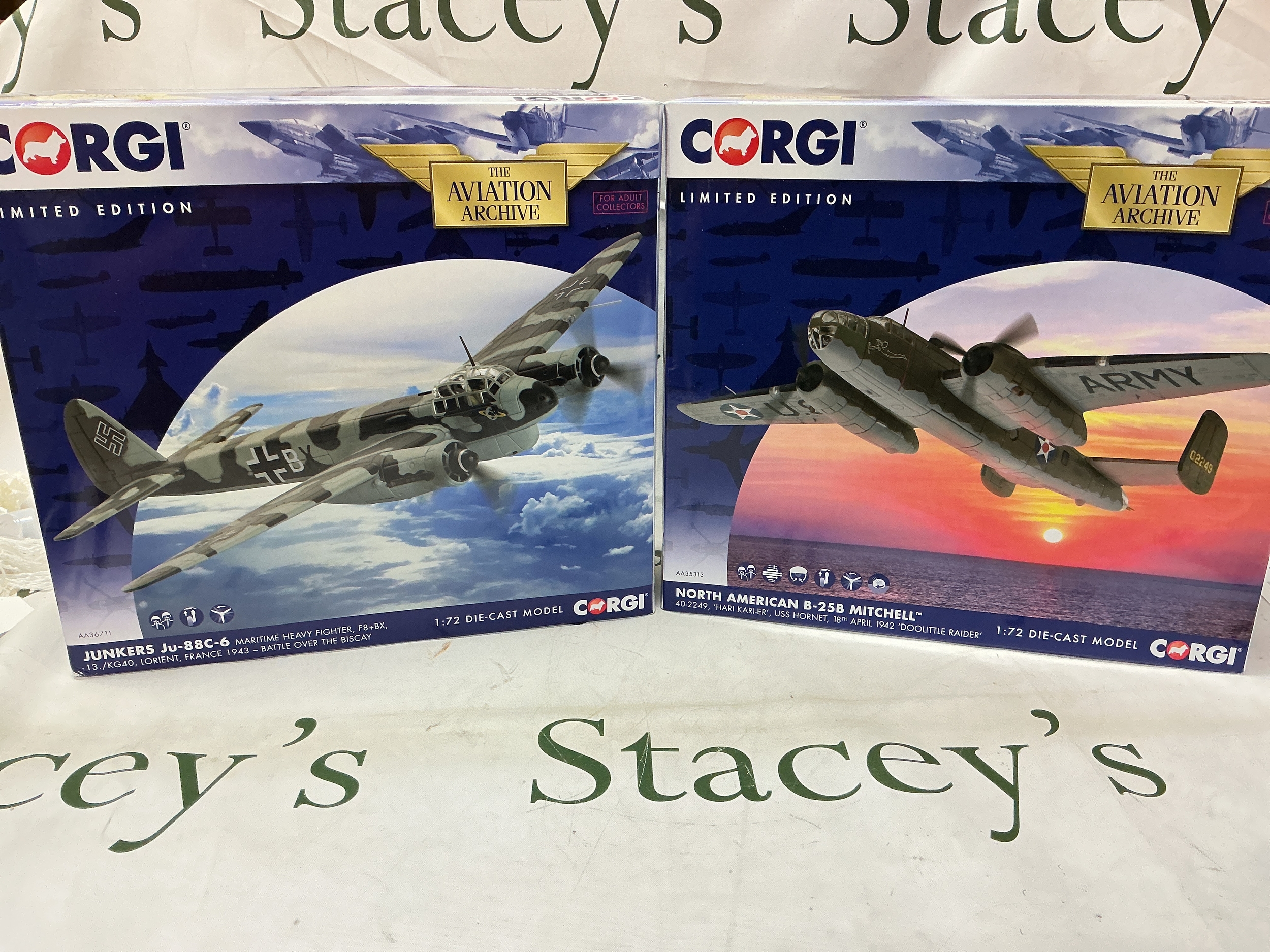 A Boxed Corgi Aviation Archive Junkers Ju-88c-6 #AA36711 And A North American B-25B Mitchell #AA35313. Both 1/72 Scale.