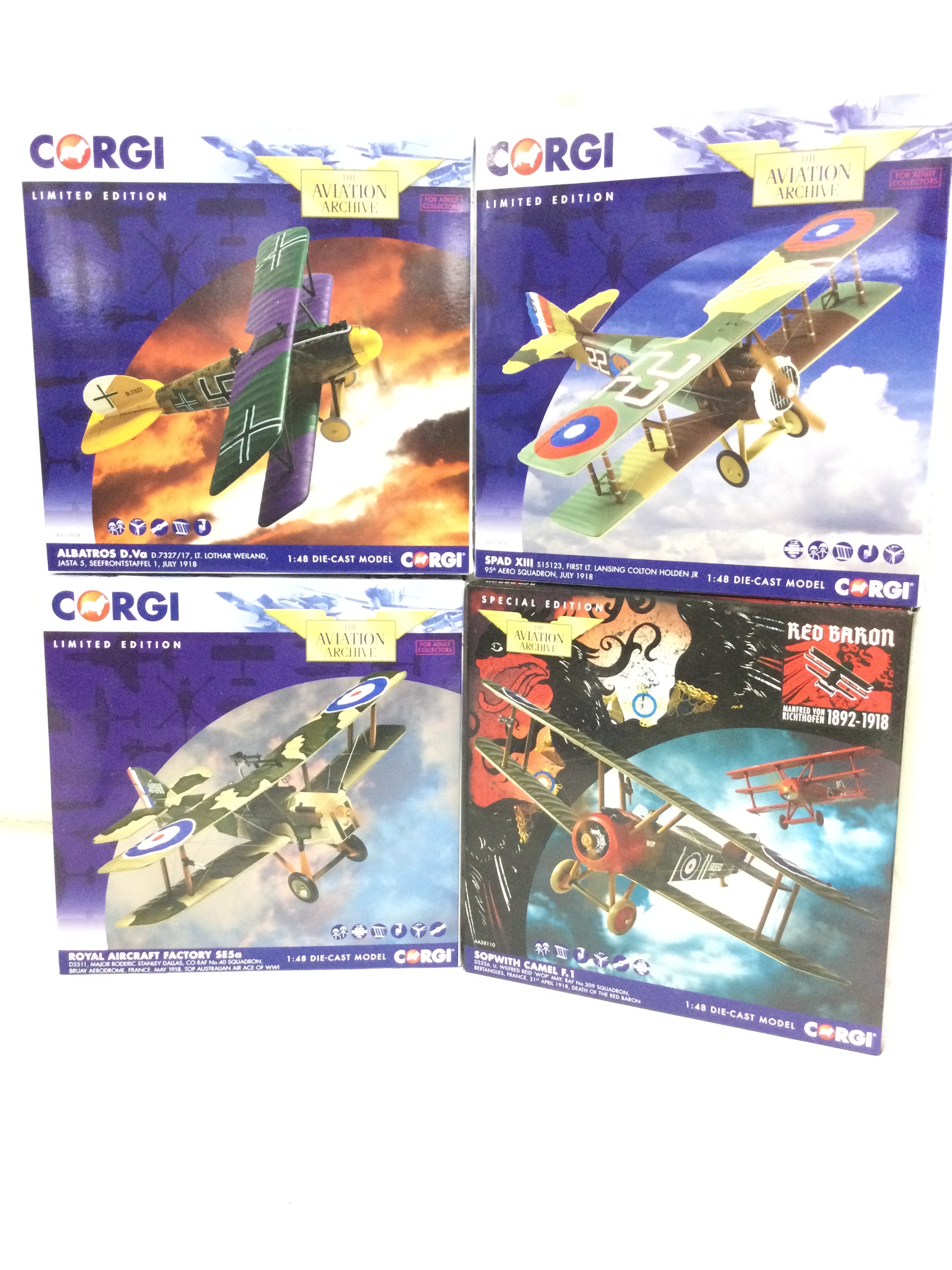 4 X Boxed Corgi Aviation Archive Diecast Aircraft. Albatros D.Va #AA37808, A Royal Aircraft Factory SE5a #AA37709 A Spad XIII #AA37906 And A Sopwith Camel F.1 #AA38110. All 1/48 Scale.(4).