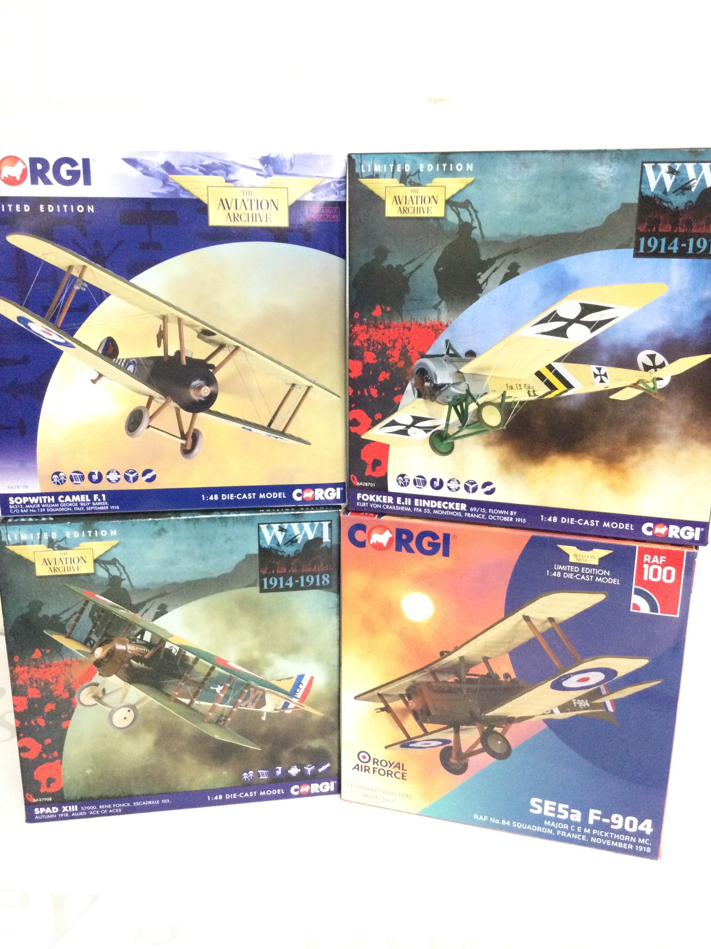 4 X Boxed Corgi Aviation Archive Diecast Aircraft, A Sopwith Camel F.1 #AA38108, A Fokker E.II Eindecker #AA28701, A Spad XIII #AA3708 And A SE5aF-904 #6. All 1/48 Scale. (4).