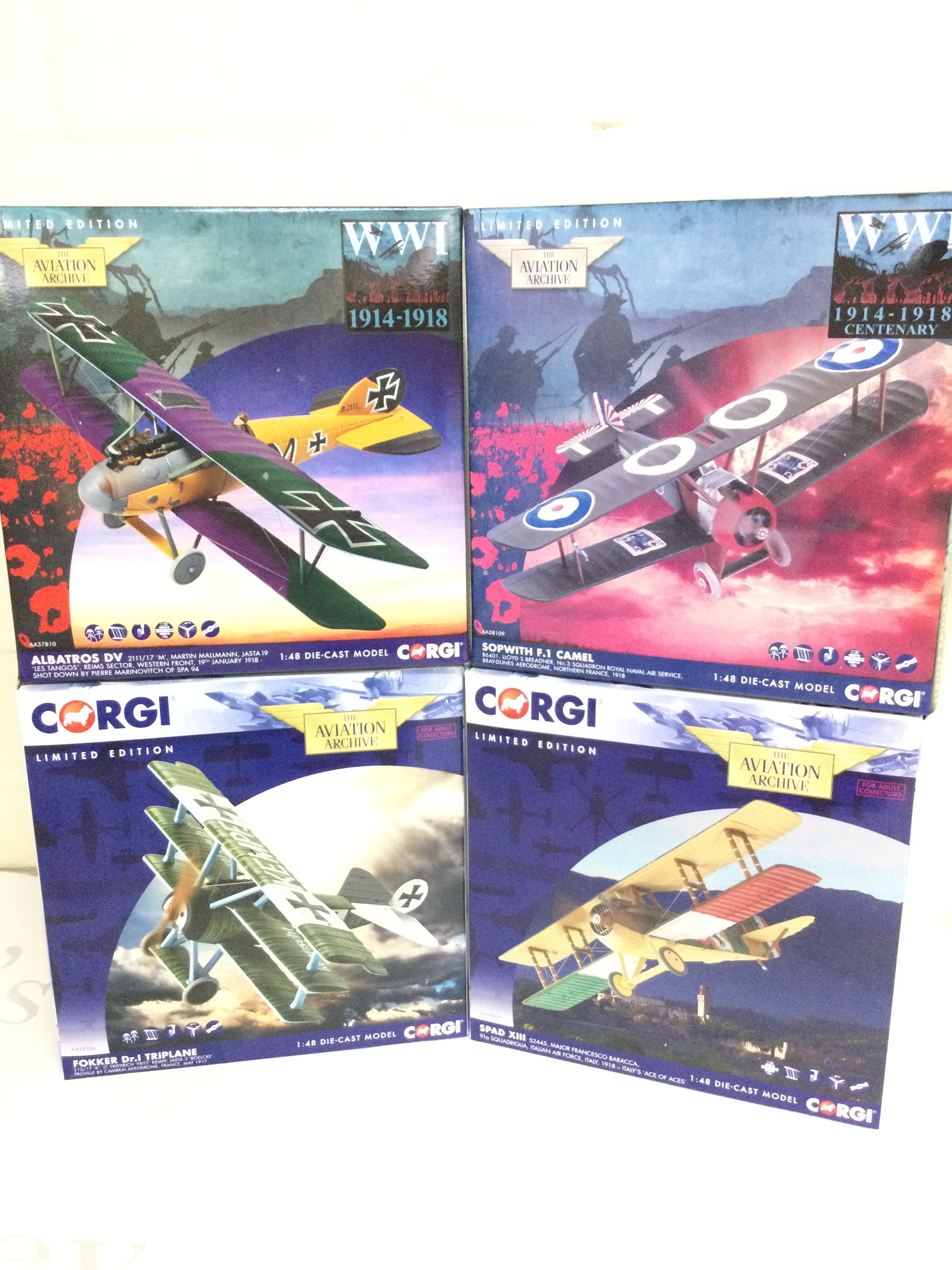 4 X Boxed Corgi Aviation Archive Diecast Aircraft. A Albatros DV #AA37810, A Sopwith F.1 Camel #AA38109, A Fokker Dr.Triplane #AA38306 And A Spad XIII #AA37907. All 1/48 Scale.(4).