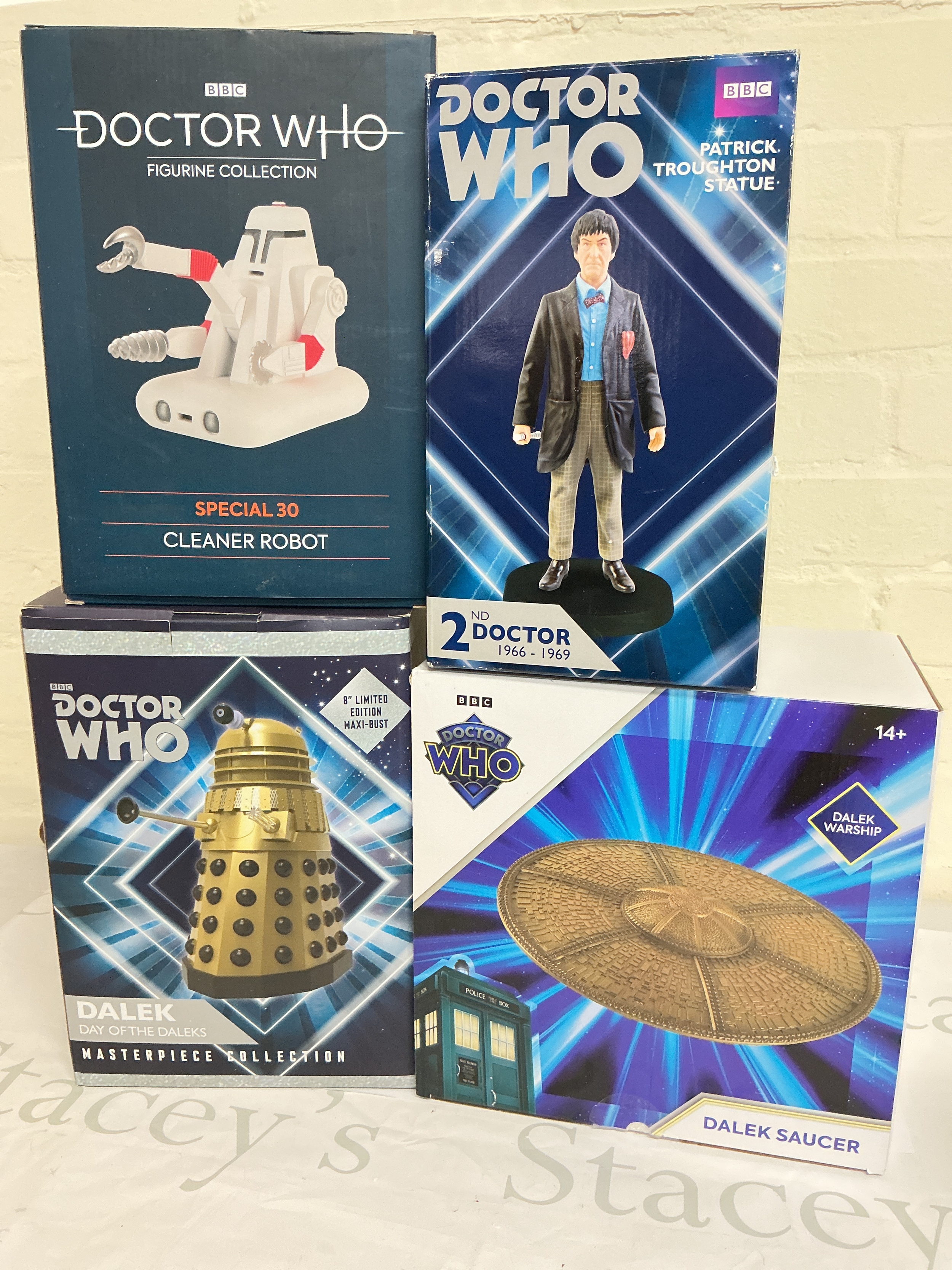 A. Boxed Doctor Who 8" Limited Edition Maxi Bust Of Dalek, Day Of The Daleks, A Boxed Cleaner Robot, A 2nd Doctor And A Dalek Saucer.