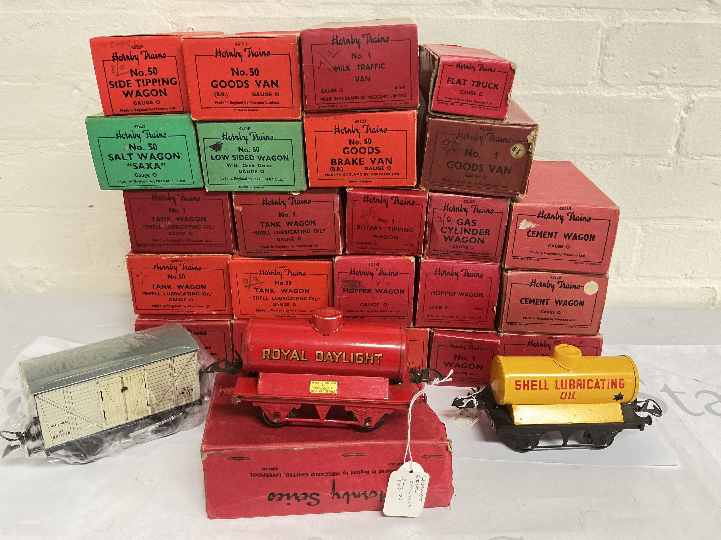 2 Boxes Containing Boxed And Loose Hornby 0 Gauge Wagons And Vans, And A #40 Tank Locomotive. No Reserve. (4).