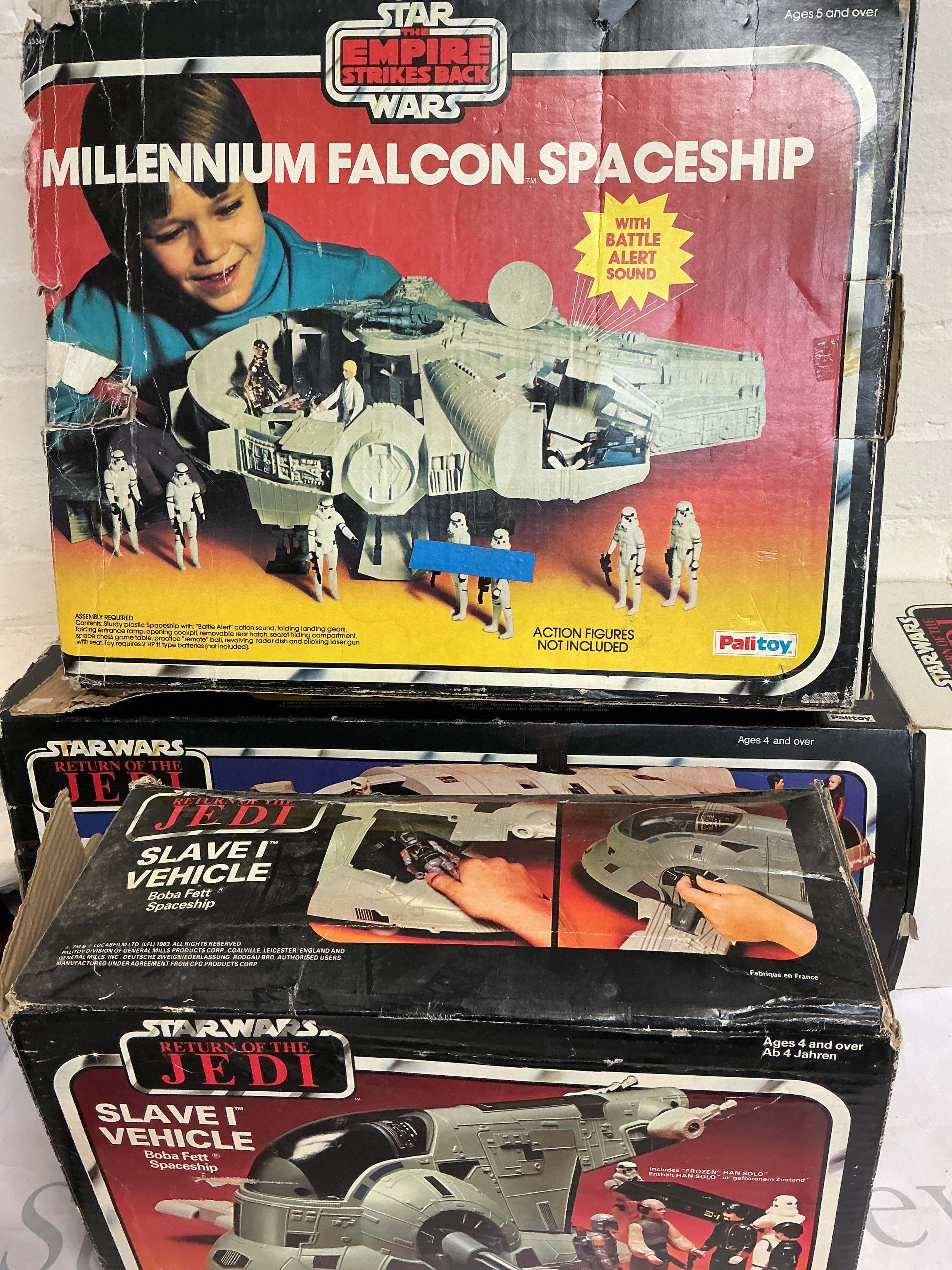 3 Boxed Vintage Star Wars Ships, A Slave 1, A Rebel Transport And A Millennium Falcon. Parts Missing.