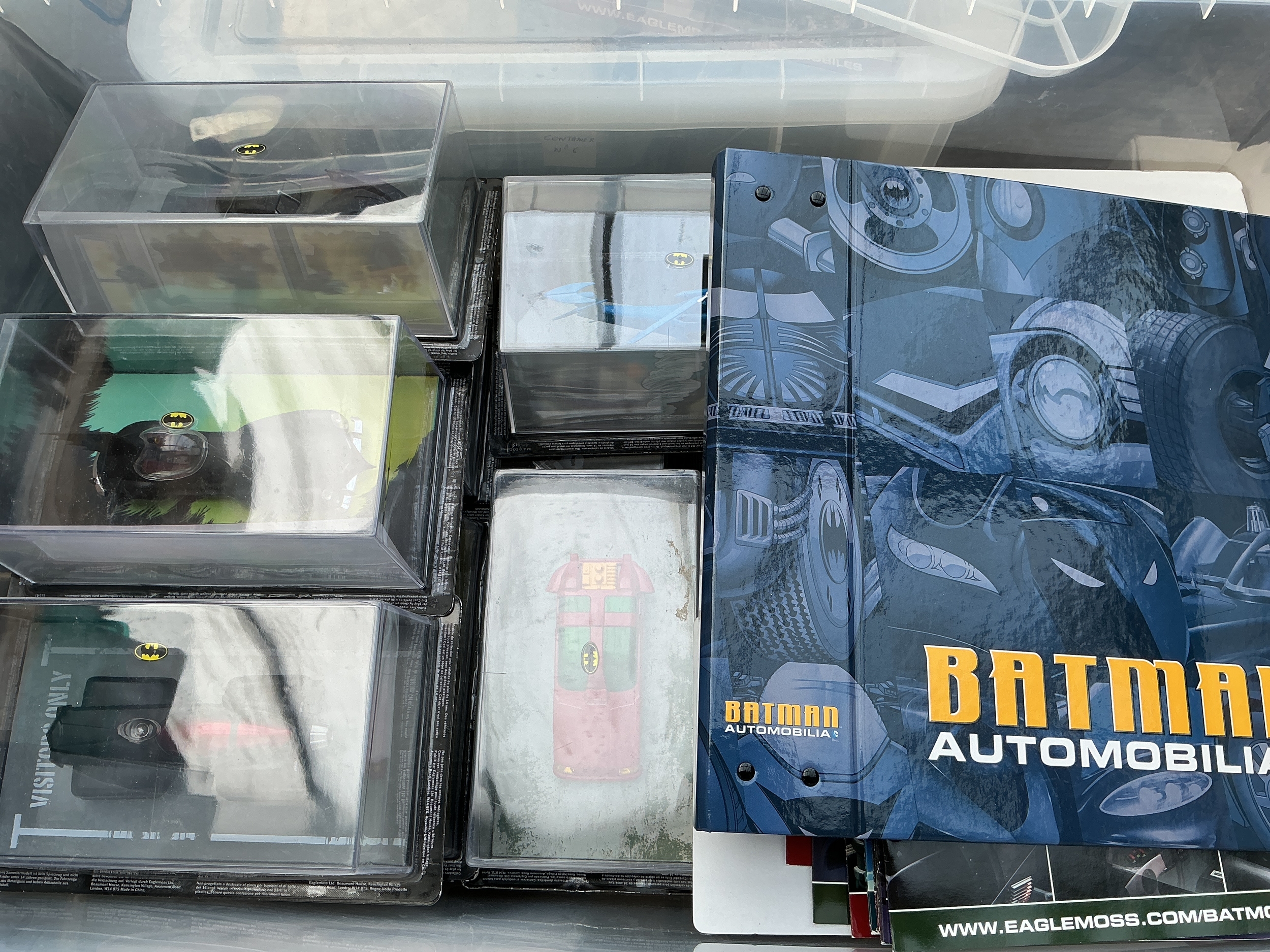 5 Boxes Containing Eagle Moss Batman Automobilia Magazines And Cars.