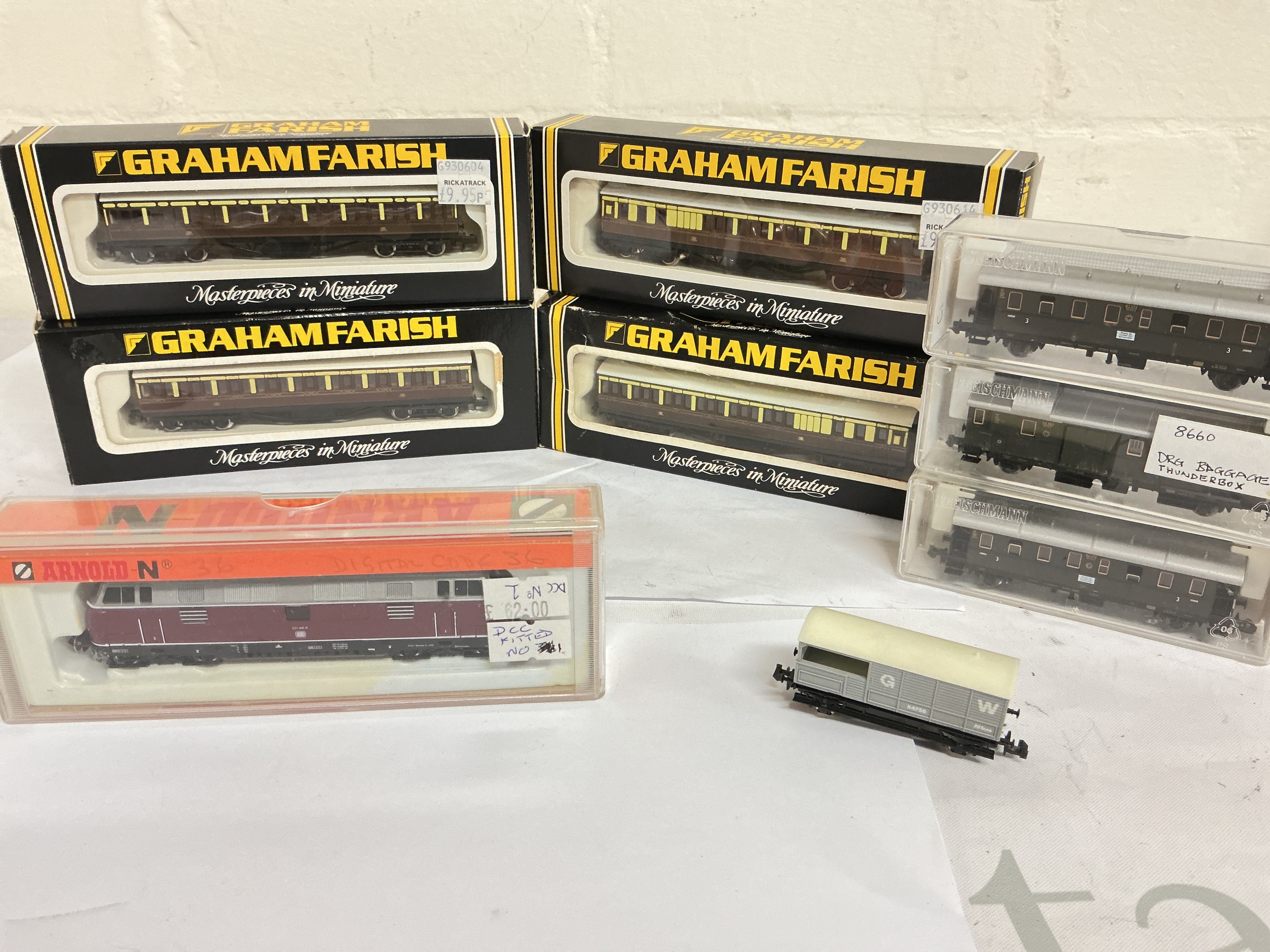 4 X Boxed Graham Farish N Gauge Coaches, 3 Fleischmann And A Arnold Diesel- Hydraulic Locomotive. No Reserve.