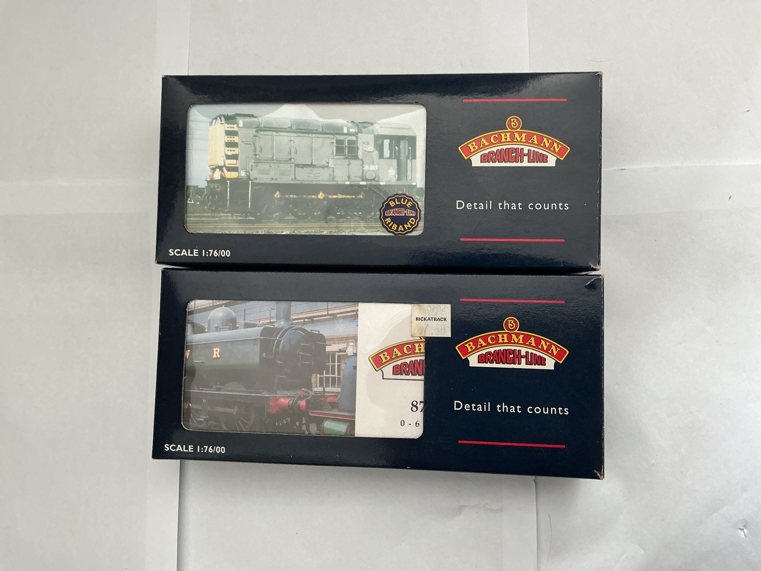 Two Boxed Bachmann Branch-line 00 Gauge Locomotives. One 8750 Pannier Tank 4672 BR Black, 32-202. And One 08 Diesel Shunter 13365 BR Green, 32-100. No Reserve.