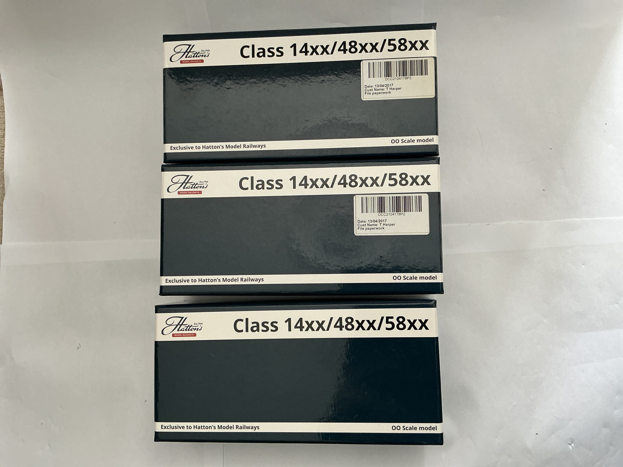 Three Boxed Hatton's Class 14XX/48XX/58XX 00 Gauge Locomotives. One 1474 Unlined Black With Early Emblem Heavily Weathered, H1412. One 1432 BR Lined Green With Late Crest Heavily Weathered, H1415. One 5819 BR Unlined Black With Early Emblem, H1410. All DCC. No Reserve. 