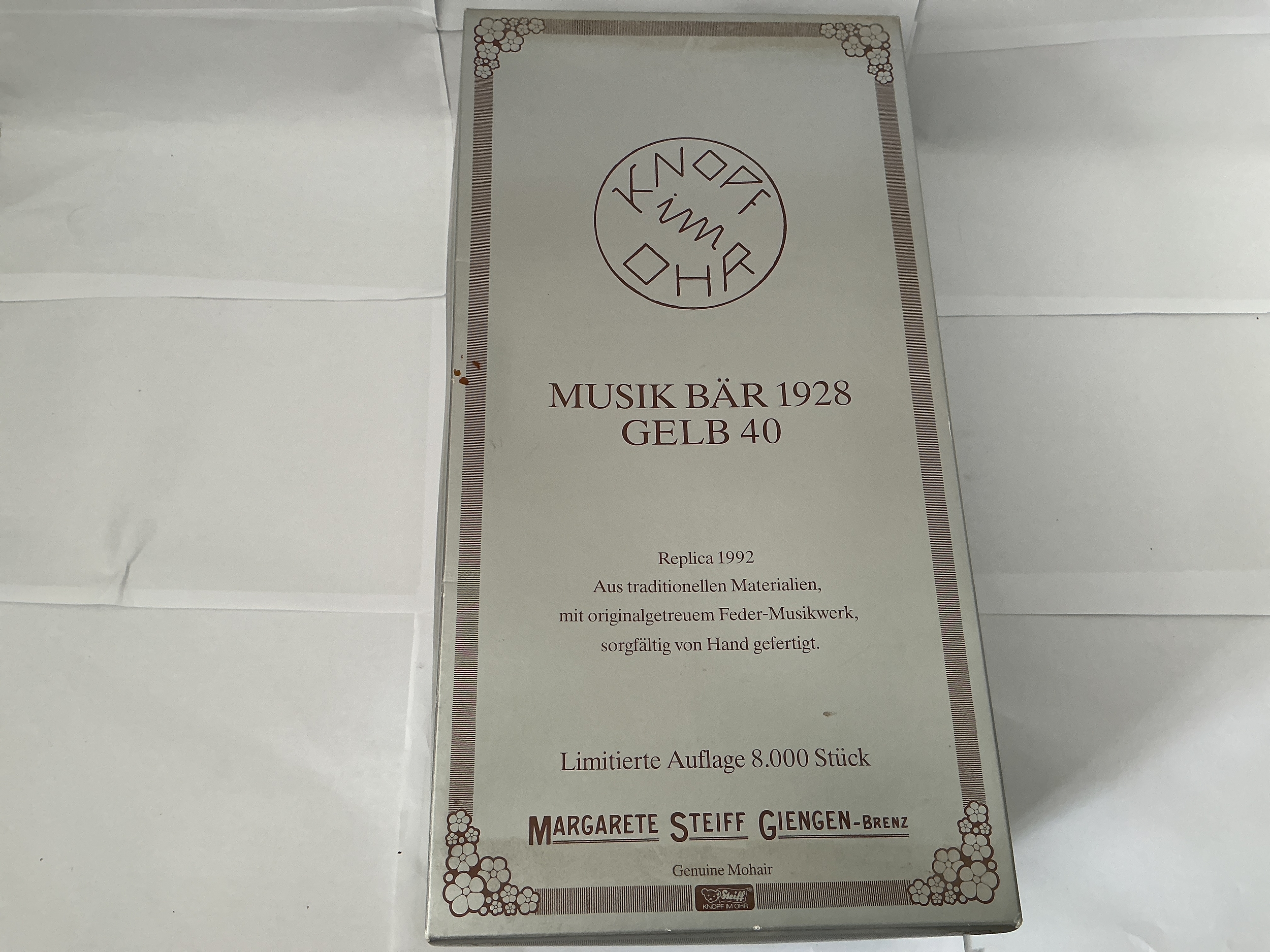 A Boxed Musical Bear 1992 Replica Of 1928 Yellow 40 Steiff Teddy Bear. No Reserve.