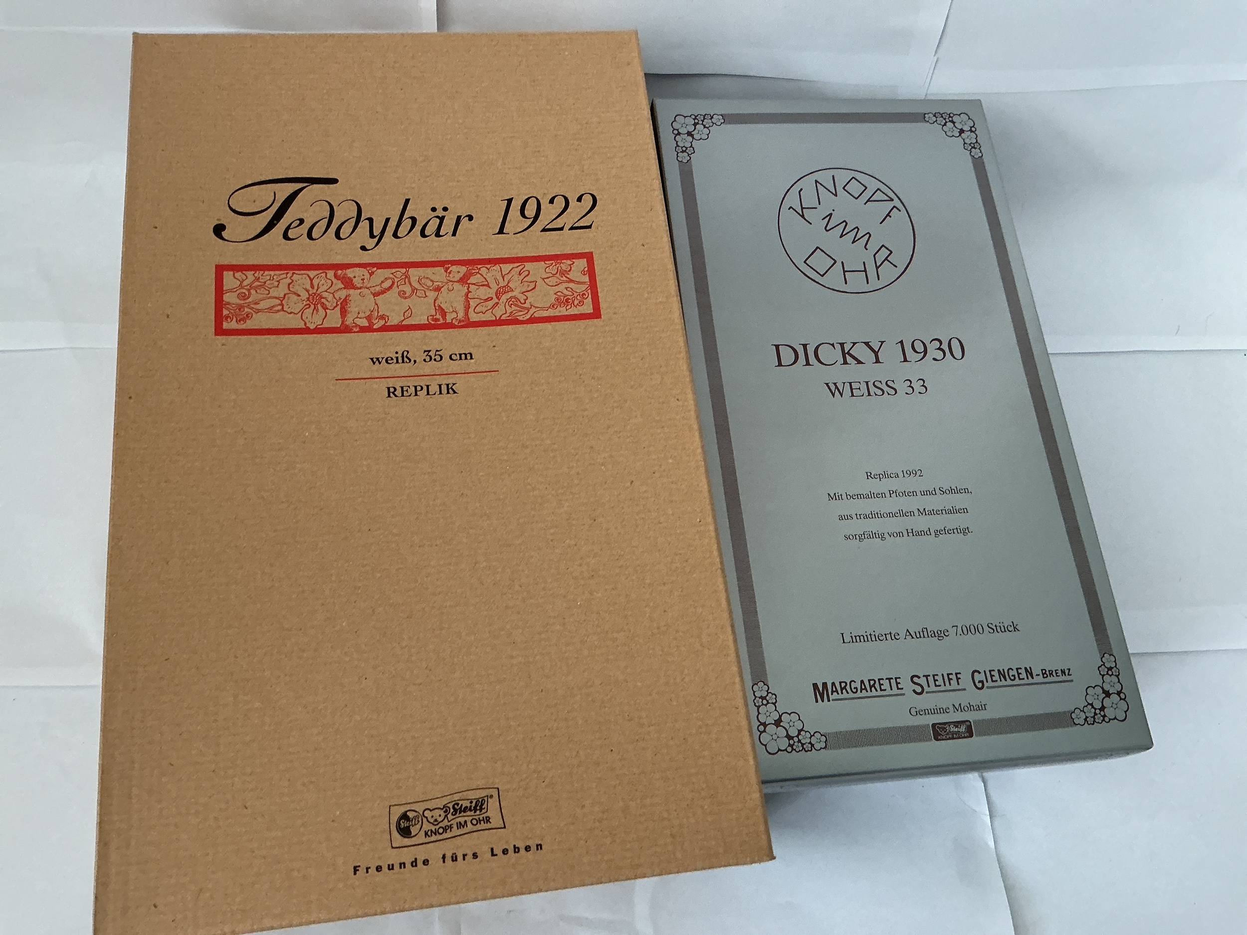 Two Boxed Steiff Teddy Bears. One White 35 1922 Replica. One Dicky 1930 White 33 1992 Replica. No Reserve.