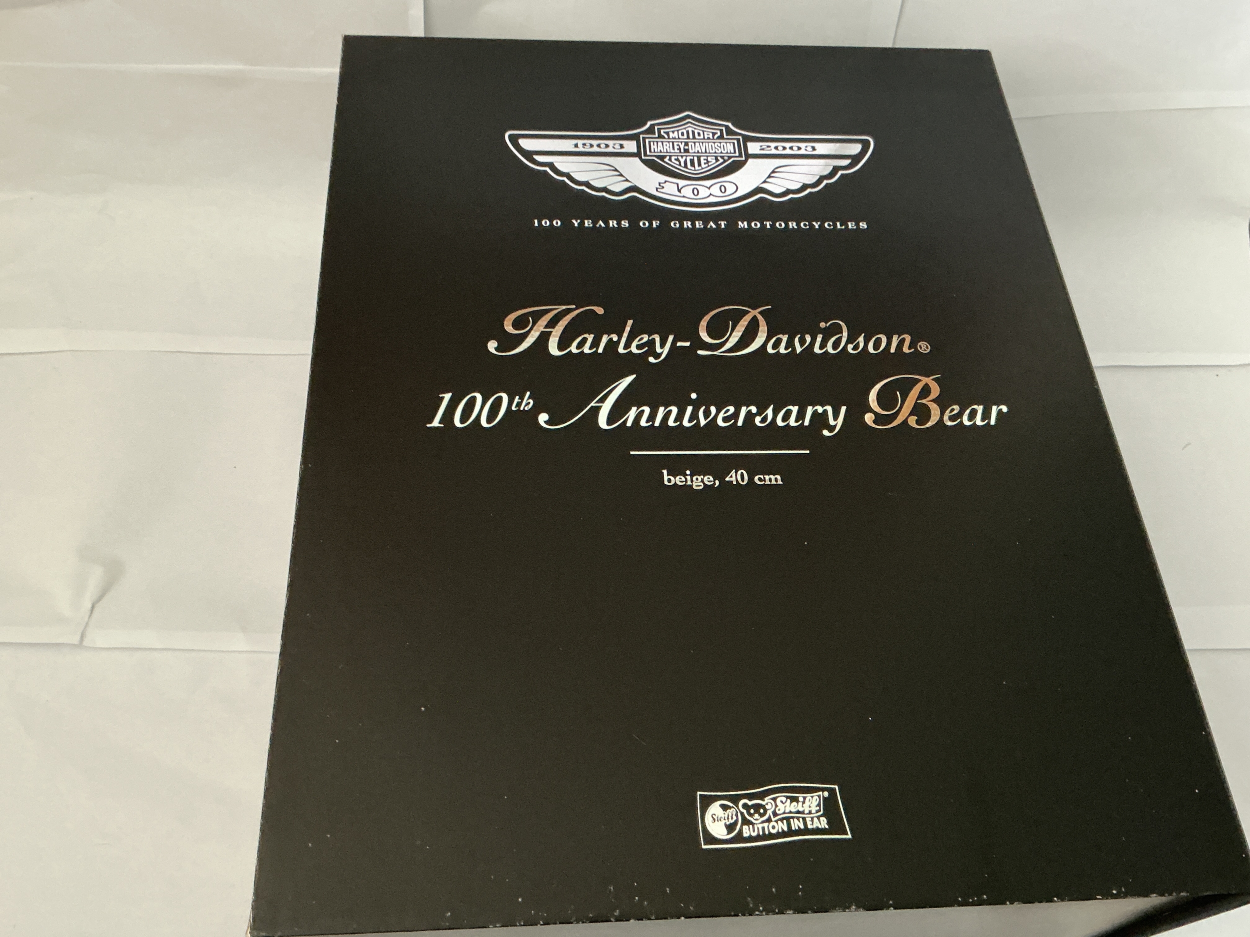 A Boxed Harley Davison 100th Anniversary Beige 40 Steiff Teddy Bear. No Reserve.