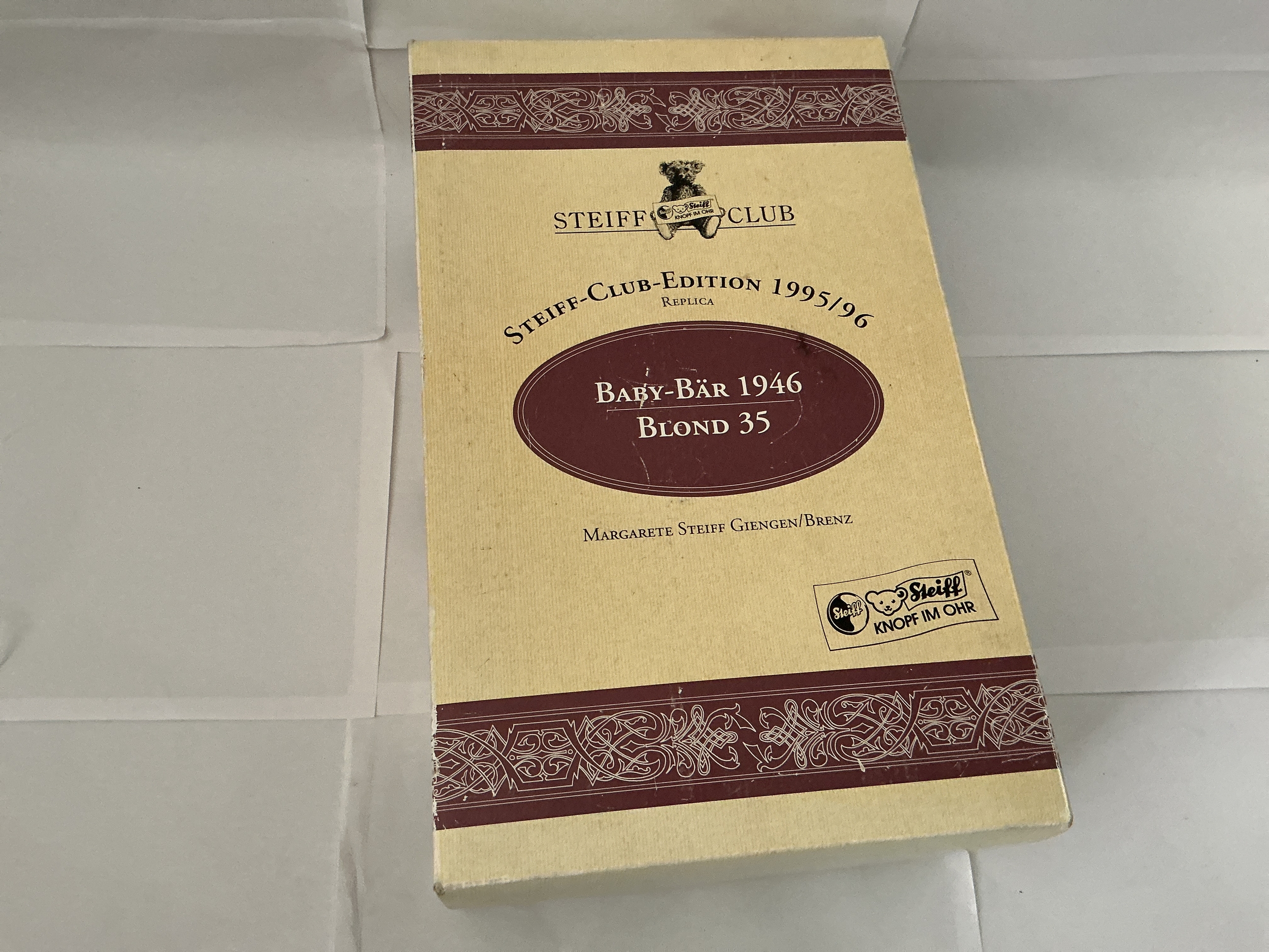 A Boxed Steiff Club Exclusive 1995/96 Replica Blond 35 Baby Teddy Bear. No Reserve. 