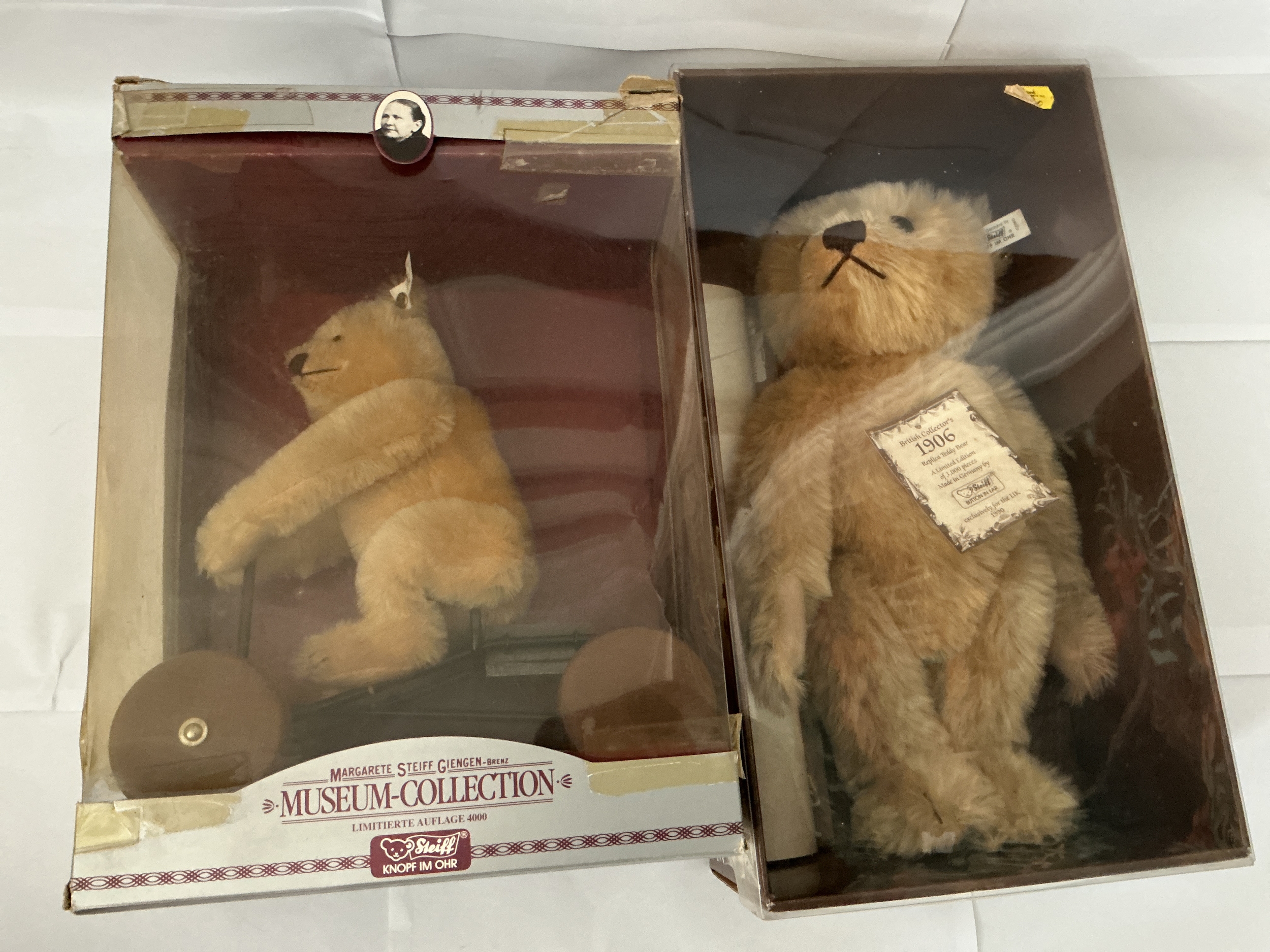 Two Boxed Steiff Bears. One Museum Collection Limitierte Auflage 4000 Bear On Bike. One British Collectors 1906  Replica Teddy Bear. No Reserve.