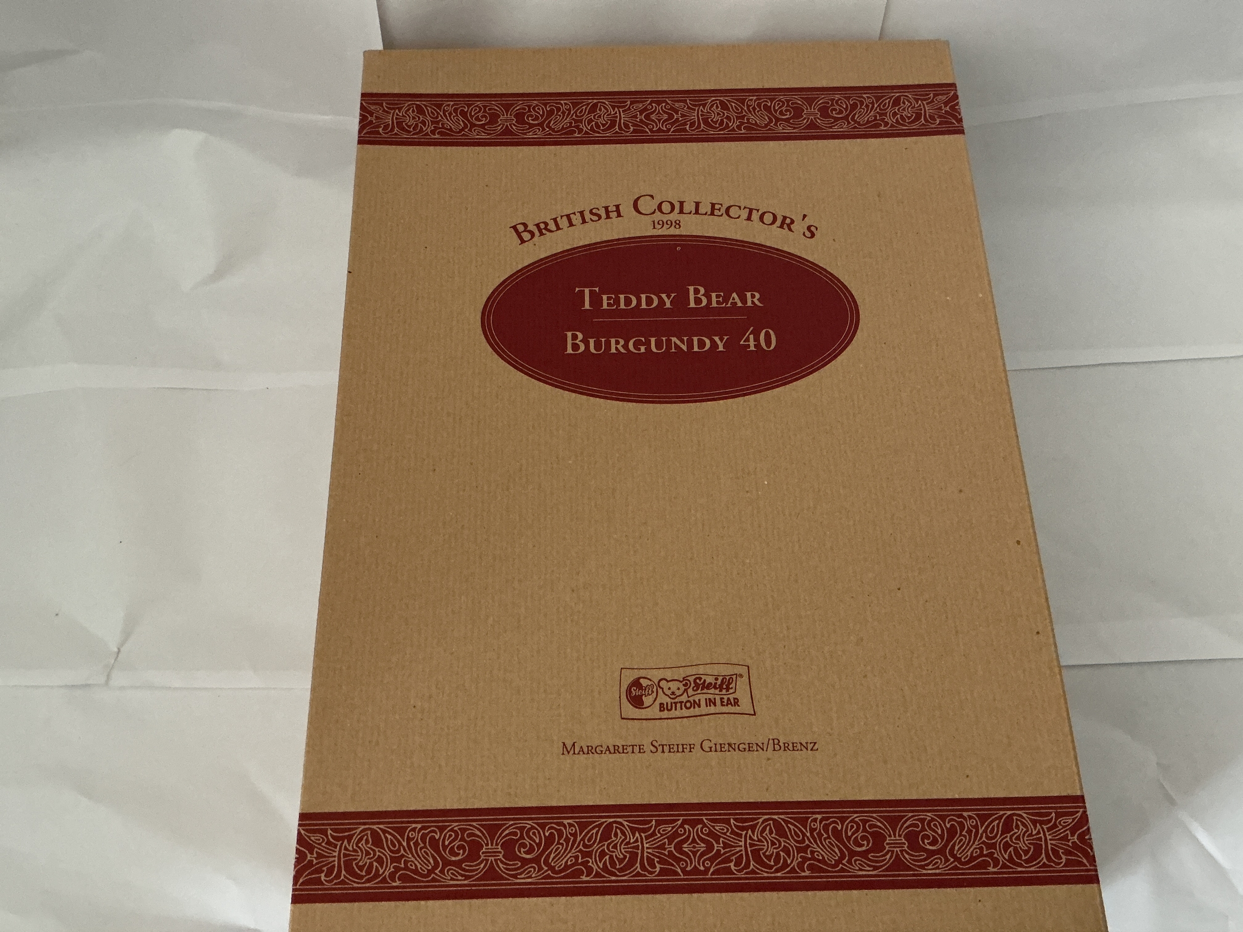 A Boxed 1998 British Collectors Burgundy 40 Steiff Teddy Bear. No Reserve. 