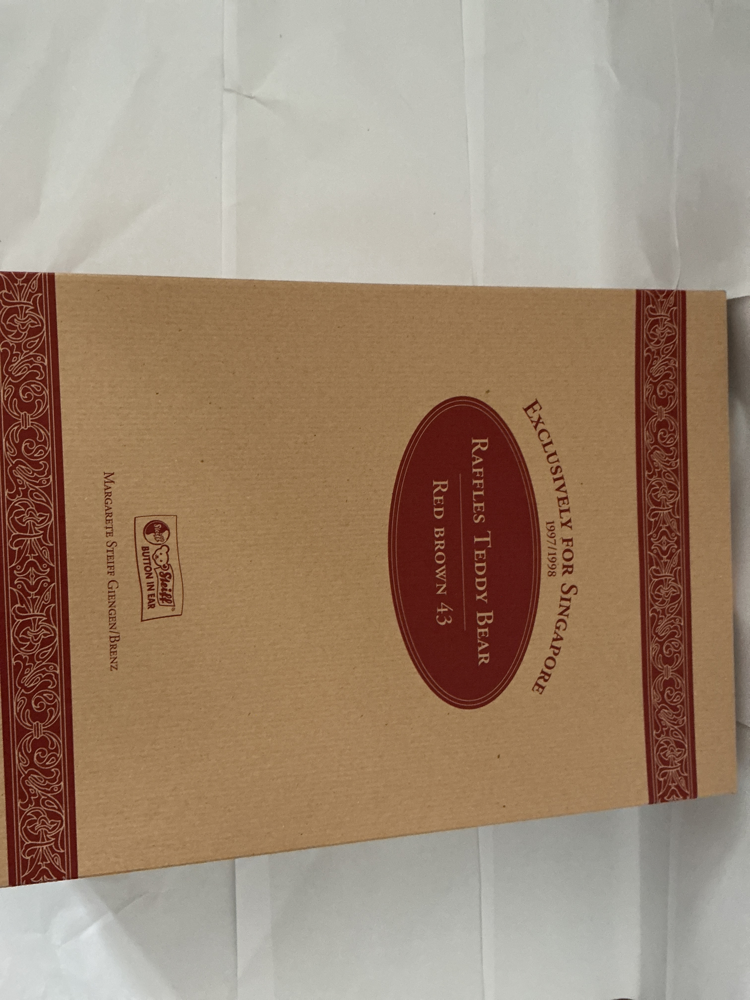 A Boxed Singapore 1997/98 Exclusive Raffles Red Brown 43 Steiff Teddy Bear. No Reserve.