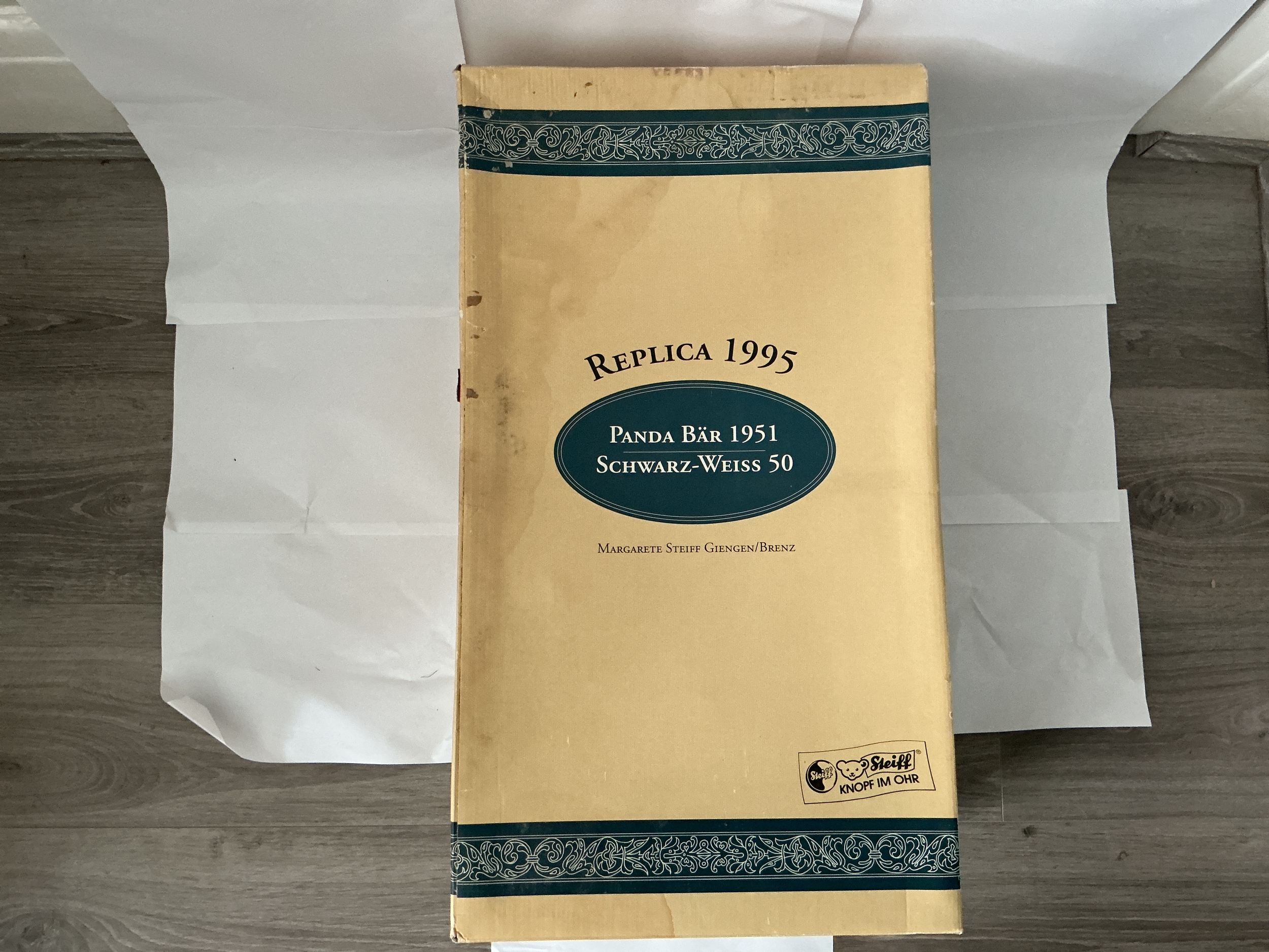 A Boxed 1995 Replica of The Panda Bear 1951 Black White 50 Steiff Teddy Bear. Water Damaged Box. No Reserve.