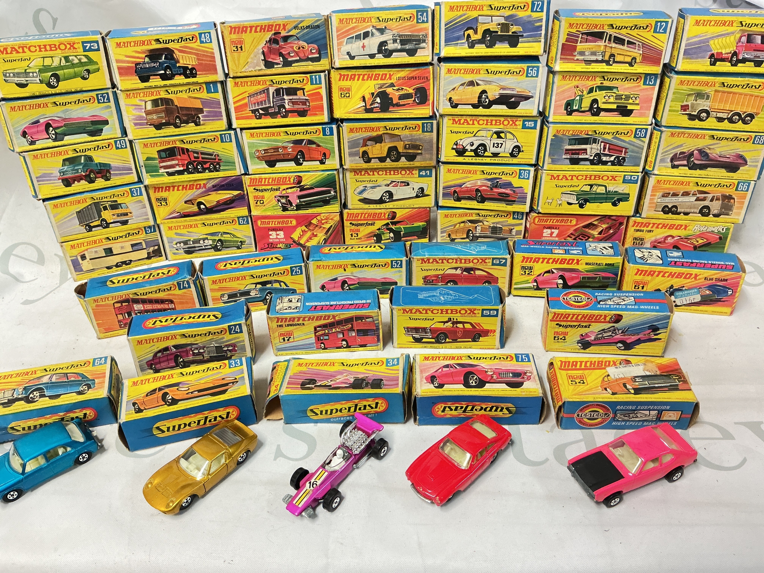 Approximately 79 Boxed Matchbox Superfast Diecast Cars. No Reserve.