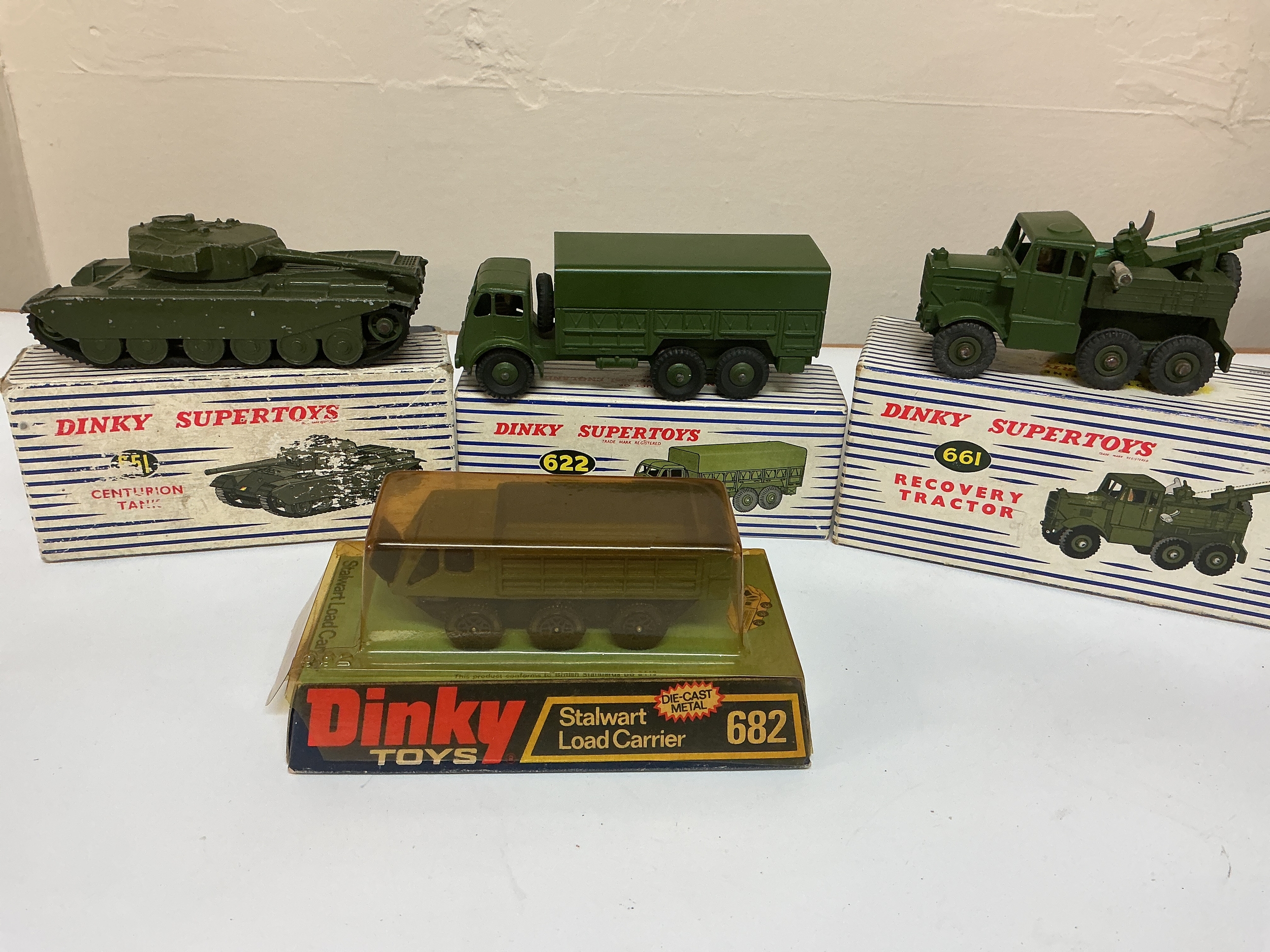4 Boxed Dinky Military Diecast Vehicles. A Centurion Tank #651, A 10-Ton Army Truck #622 A Recovery Tractor #661 And A Stalwart Load Carrier #682. No Resefve.