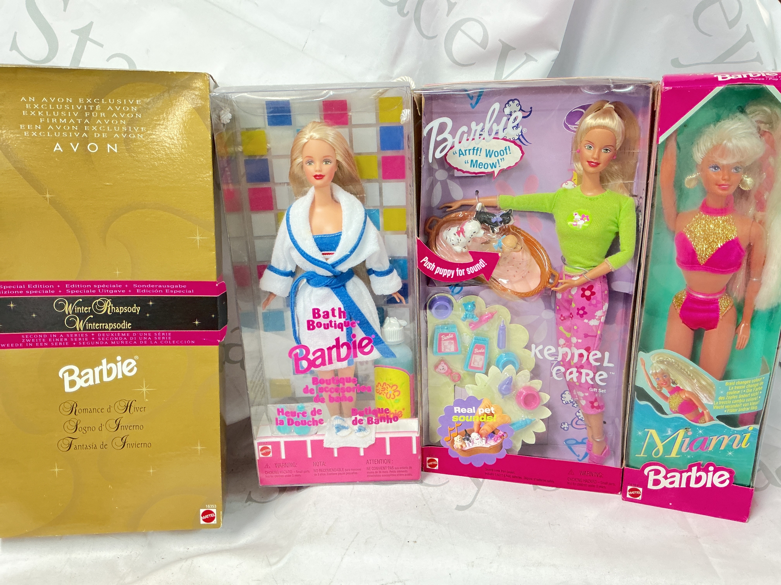 4 Boxed Barbie Dolls, Miami Barbie, Kennel Care, Bath Boutique And Winter Rhapsody. No Reserve.