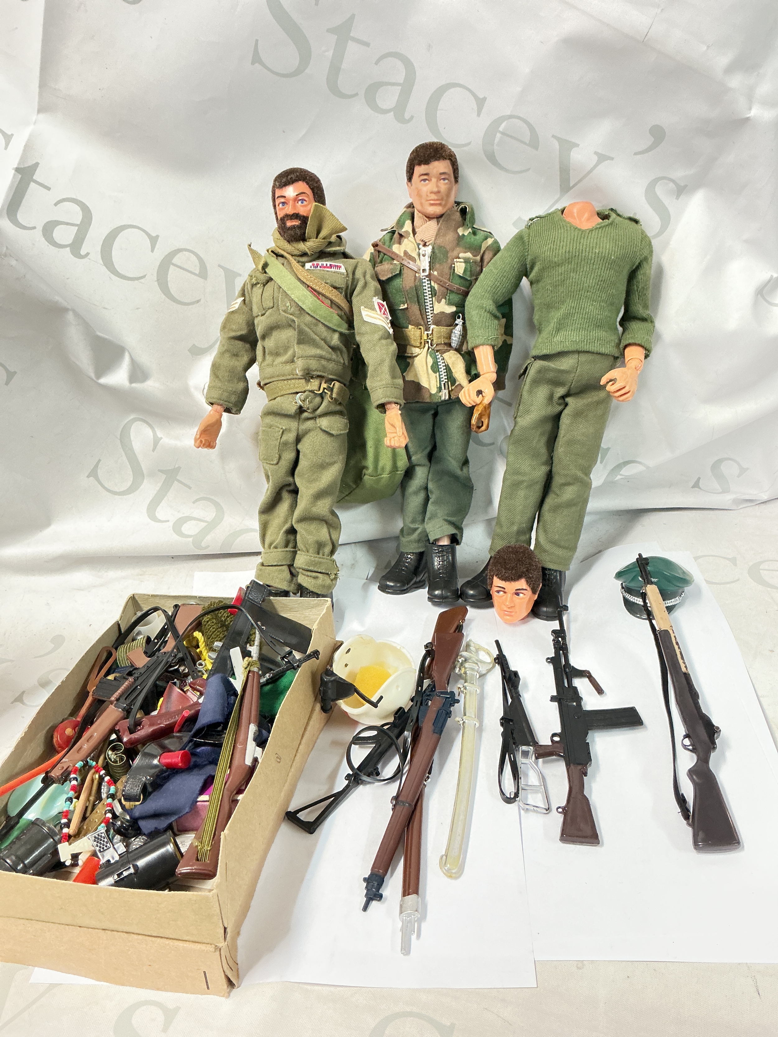 3 Vintage Playworn Action Men And A Collection Of Accessories. No Reserve.