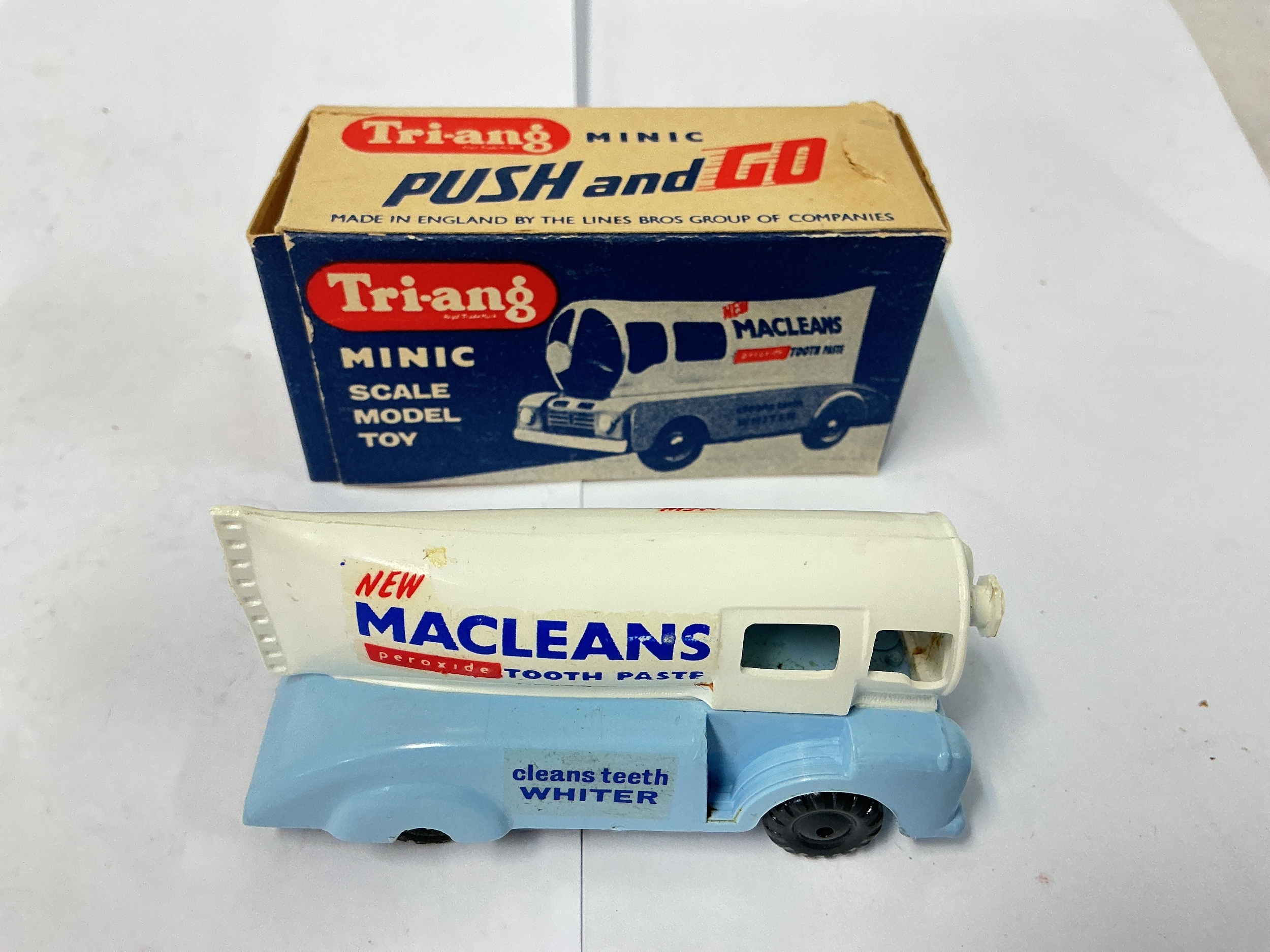 A Boxed Tri-Ang Minic MacleansPush And Go Tooth Paste Tube Van. No Reserve.