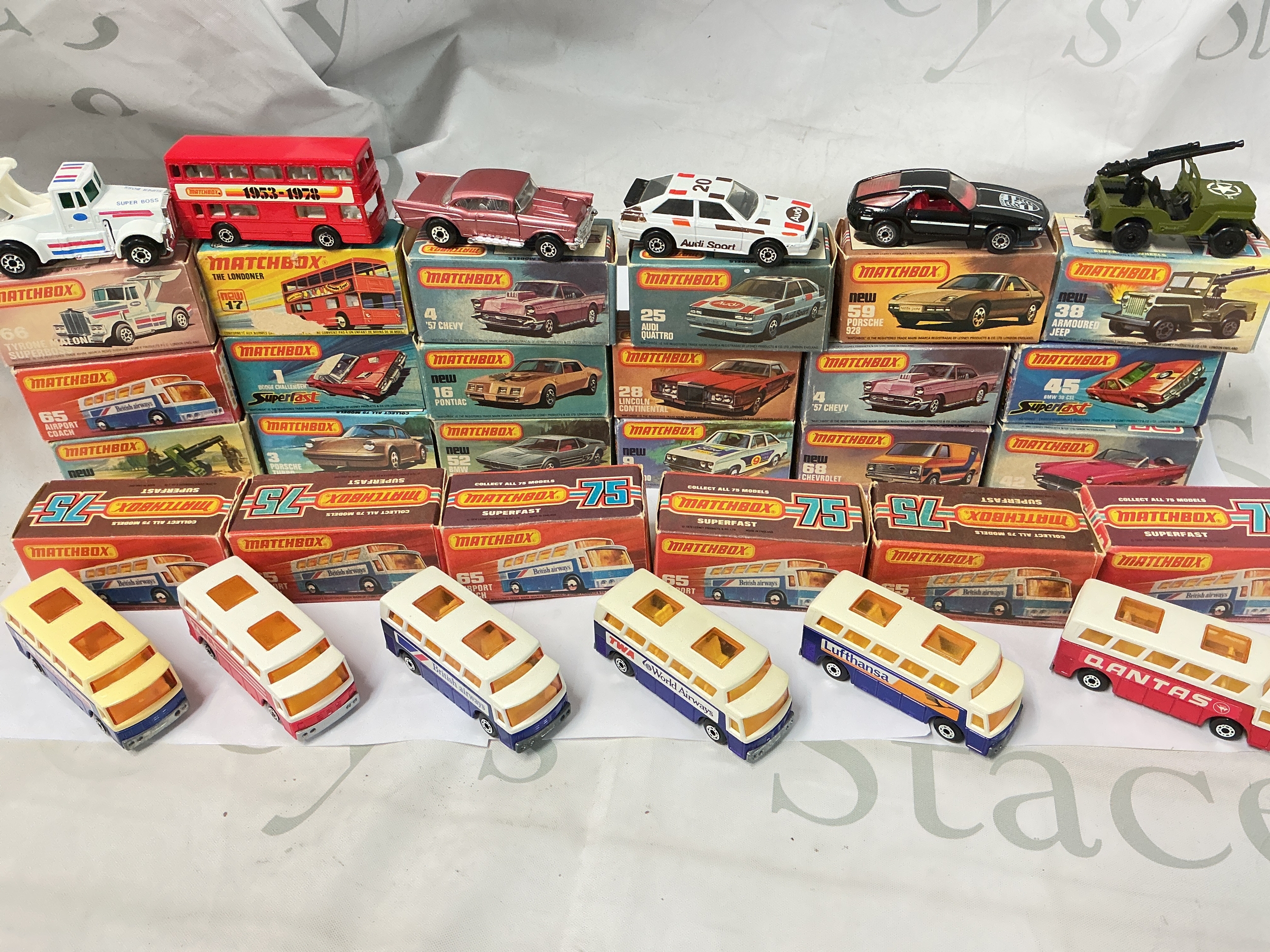 A Collection Of Boxed Matchbox 75s And Superfast. Including 6 Variations Of The Airport Coach.