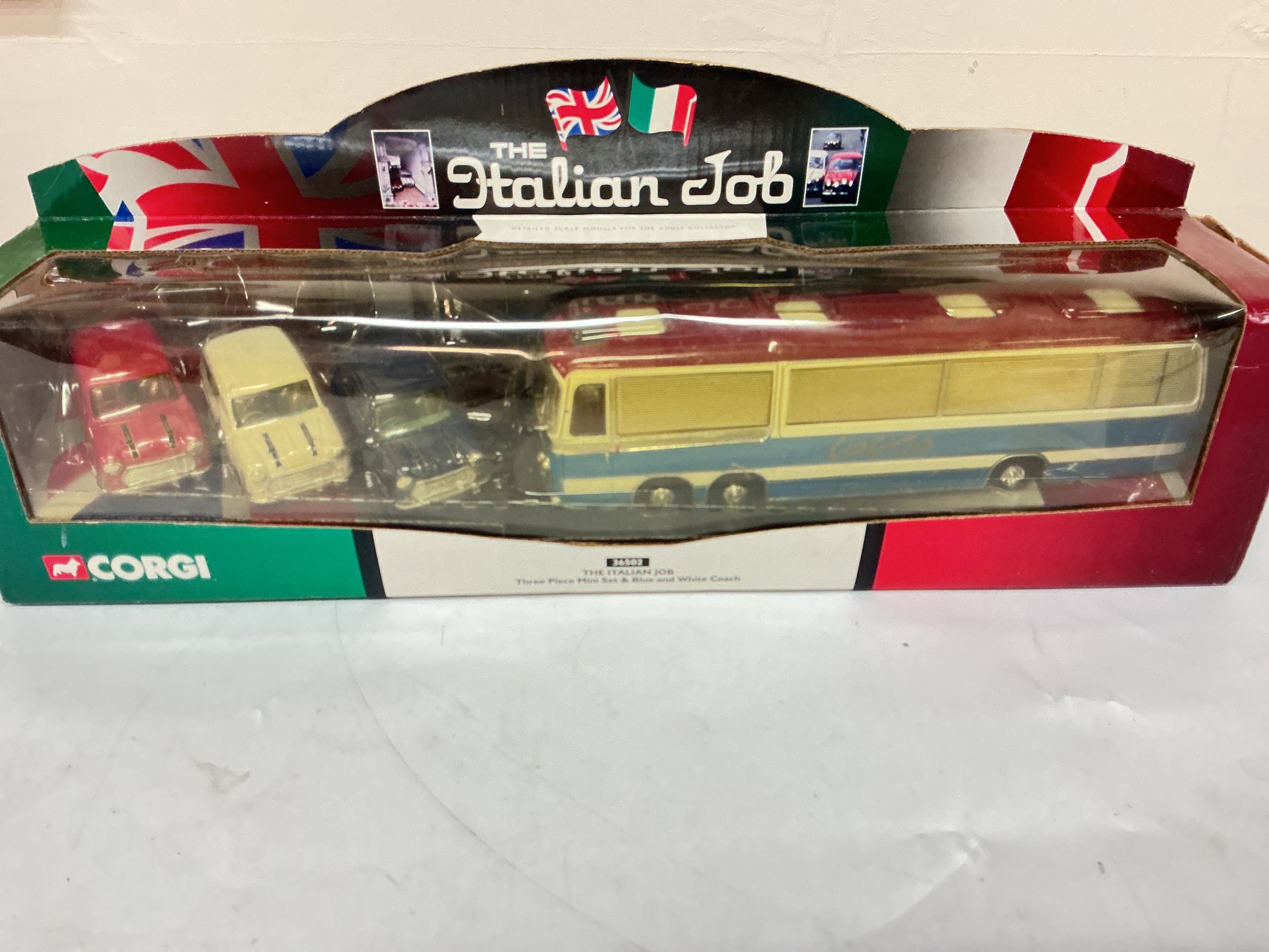 A Boxed Corgi The Italian Job Three Piece Mini Set And White Coach. #36502.