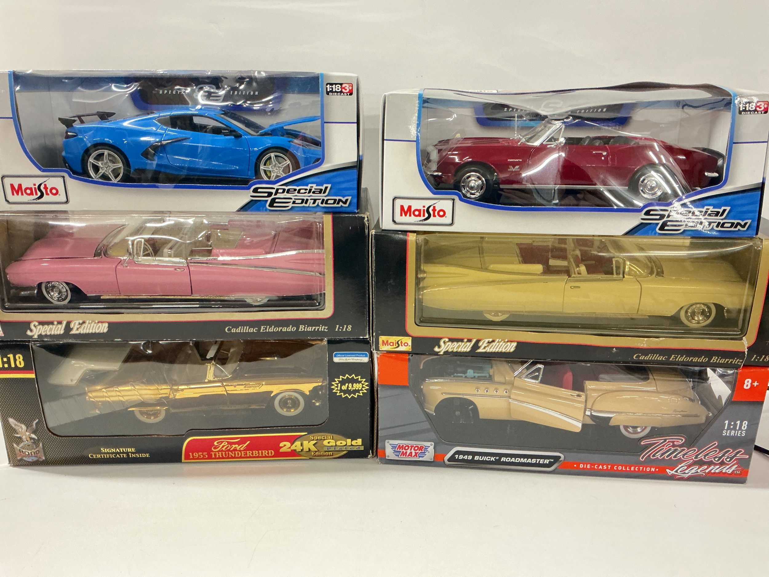 6 Boxed 1/18 Scale Diecast Cars. Including Maisto Etc. No Reserve.