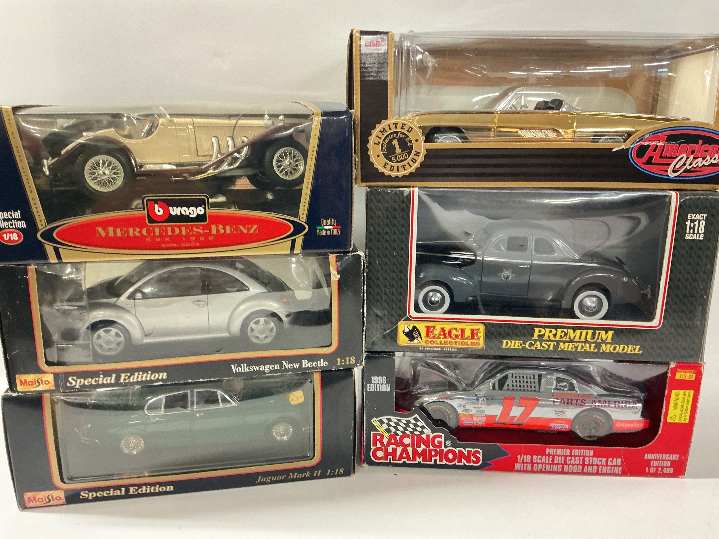 6 Boxed 1/18 Scale Diecast Cars Including Maisto,Racing Champions, Eagle Collectables Etc. No Reserve.