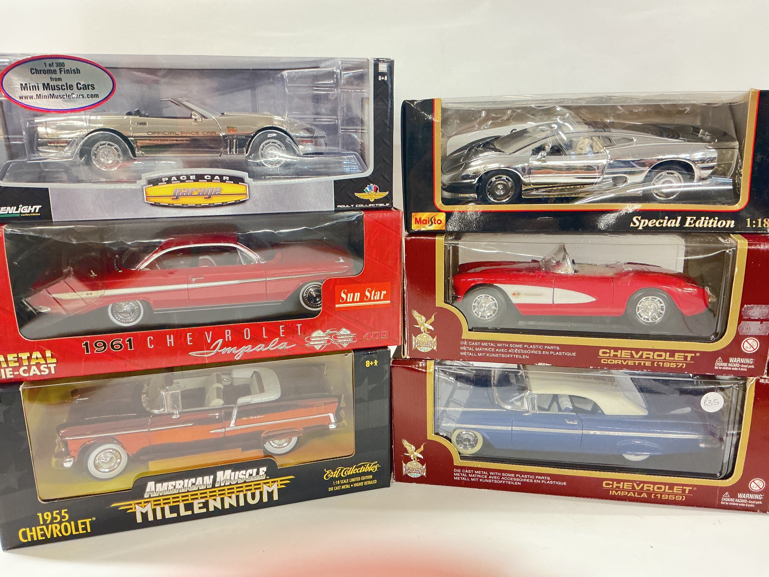 6 Boxed 1/18 Scale Diecast Cars Including AmeryMussle, Road Legends, Sun Star, Greenlight. Etc. No Reserve.