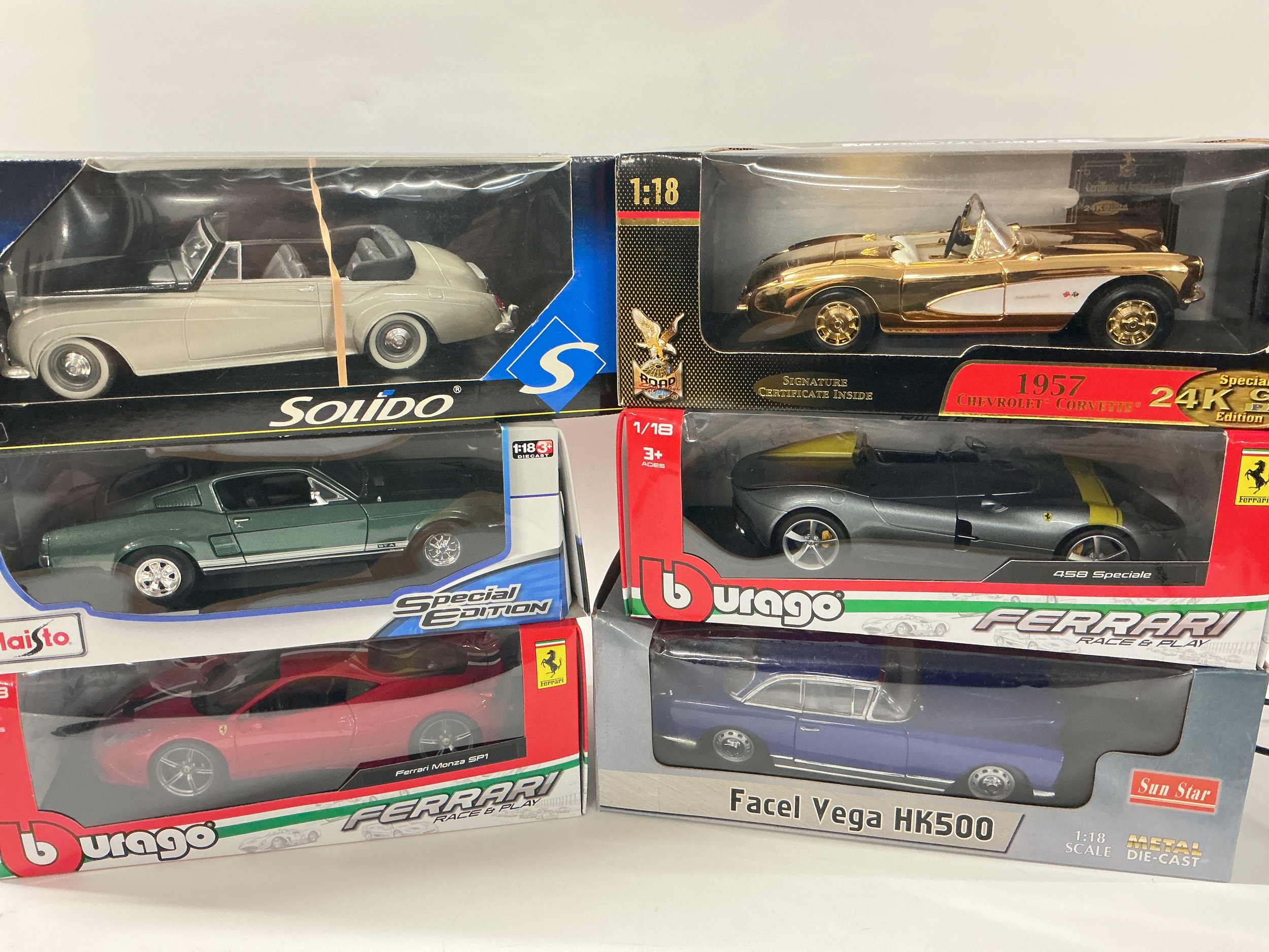 6 Boxed 1/18 Scale Diecast Cars, Including Solido, Road Legends, Maisto, Burago And Sun Star. No Reserve.