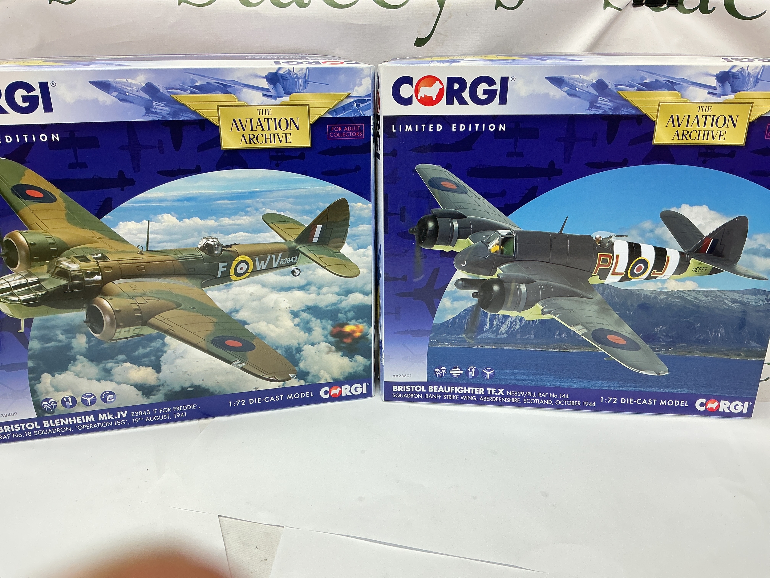 2 Boxed Corgi Aviation Archive Diecast Aircraft. A Bristol Blenheim MK.IV #AA38409 And A Bristol Beaufighter TF.X #AA28601. Both 1/72 Scale.