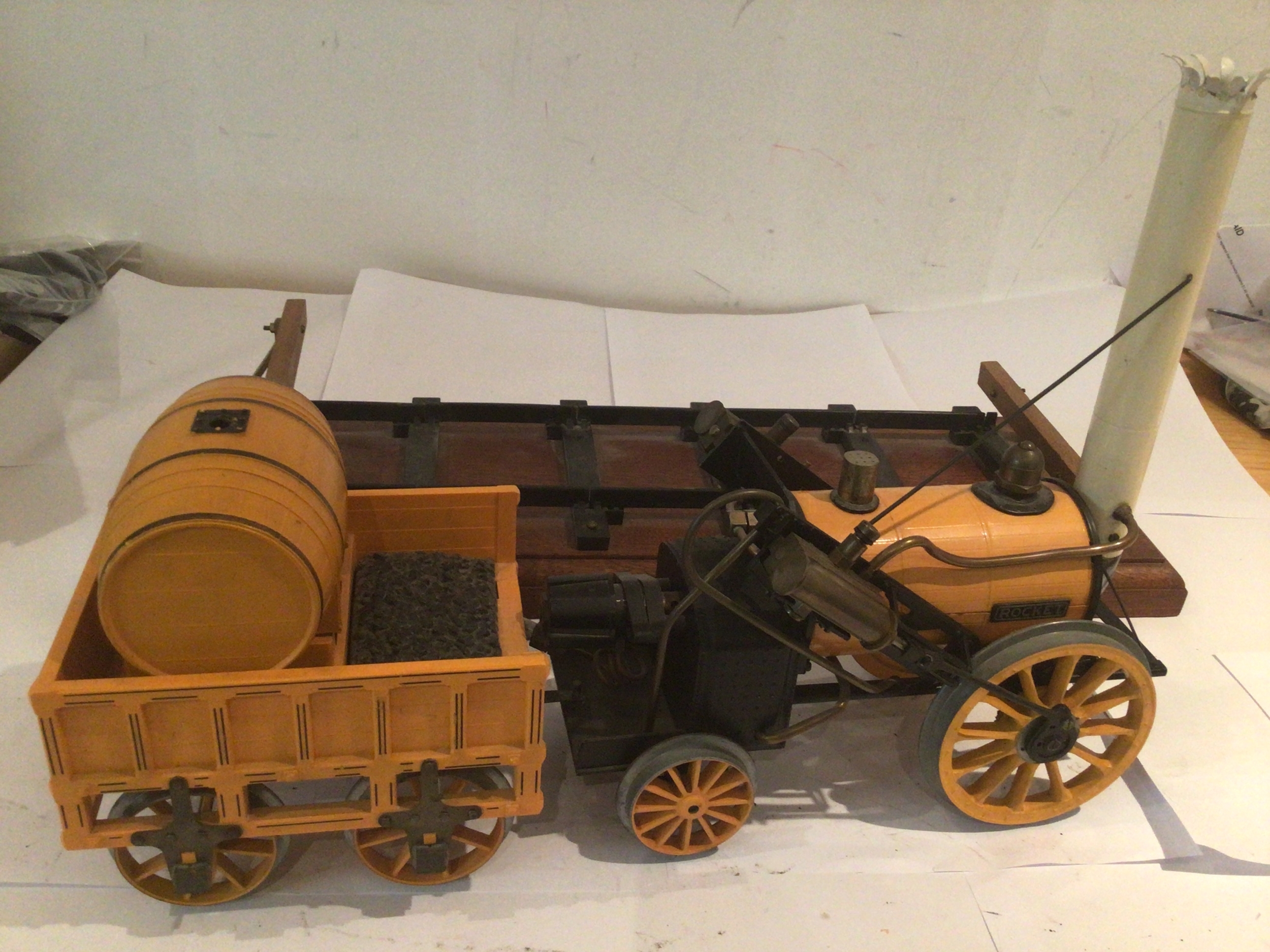 Live steam model of The Rocket by Hornby with 3.5" track mount for displaying.  Untested