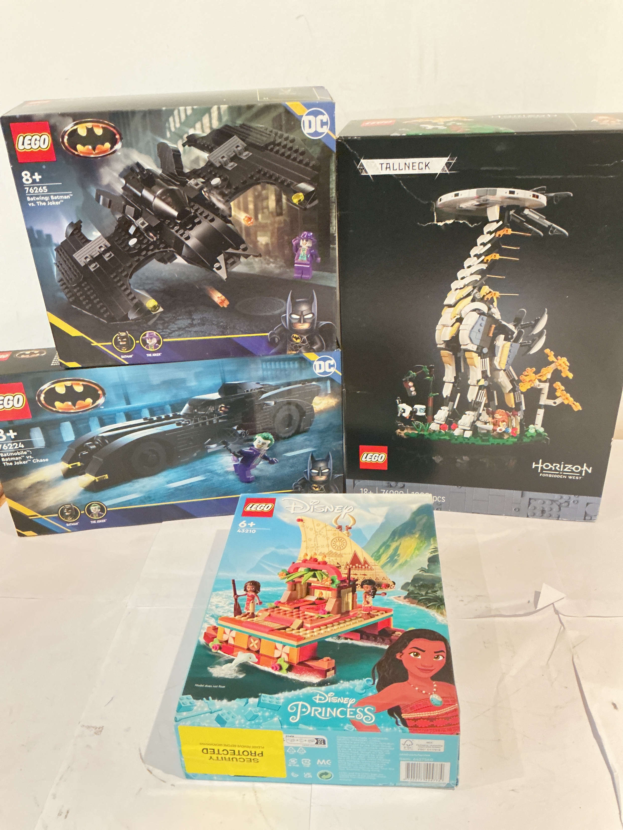 4 Boxed And Sealed Lego Sets Including Batwing #76265, Batmobile #76224 Disney Princess #43210 And Horizon #76989. No Reserve.