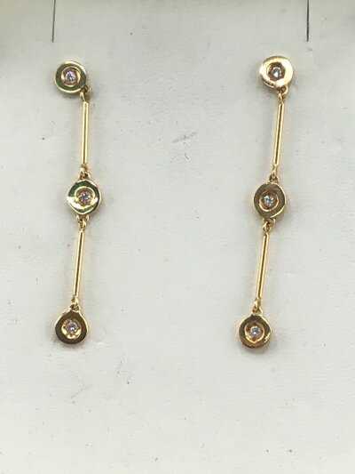 A pair of 18carat gold long drop earrings set with small diamonds.weight 2.5g