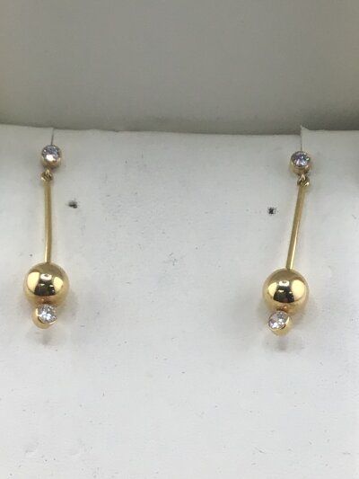 A Pair of 18carat gold long drop earrings each set with two round brilliant cut diamonds with spherical ball shaped ornament. Weight 3.4g .