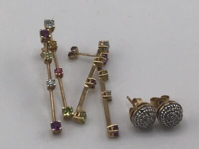 Two pair of 9carat gold long drop earrings set with multi coloured stones and a pair of of earrings of circular shape weight 5.8g (2)