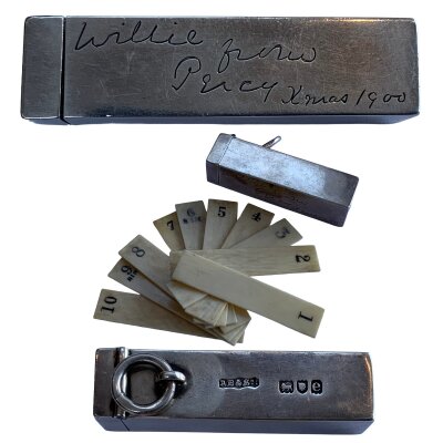 English Silver Shooting Butt/Peg Marker Case, hallmarks for London 1900, Andrew Barrett & Sons. Engraved message Willie from Percy Xmas 1900. 5cm x 1.1.cm x 1.1cm.