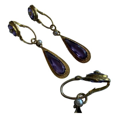 A pair of gold (french marks) amethyst and seed pearl drop earrings, 4.5cm. 4.6g.