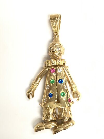 A 9ct gold clown set with coloured stones, 22.6g total weight