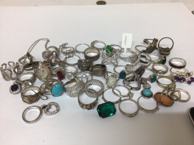 A collection of forty six silver rings a necklace and oddments weight 275g
