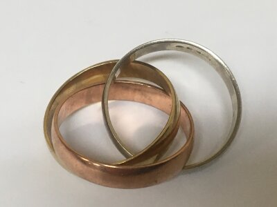 A 9carat gold Russian wedding ring three colour gold. Weight 10g