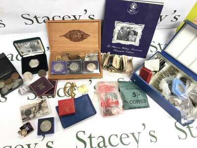 A Collection of coins and banknotes including Victorian pennies ,  silver proof spitfire and platinum wedding coin , two hallmarked silver medals
