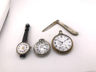 2 silver case watches along with a silver mother of Pearl handles knife and a CYMA pocket watch.