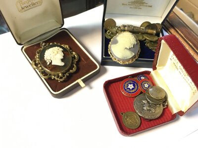 Cameo brooches and other oddments including an Egyptian style pendant , Texas badges etc