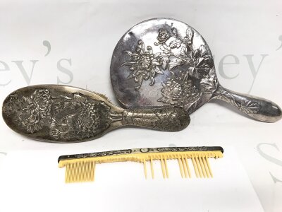A Chinese silver backed mirror brush and comb (comb damaged)