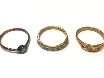 Three gold rings with stones, 6.3g total weight. Size L, Q