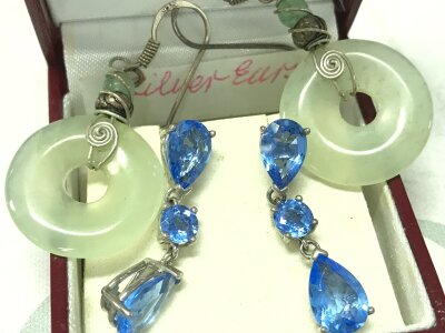 Silver jade Chinese style earrings, blue drop silver earrings